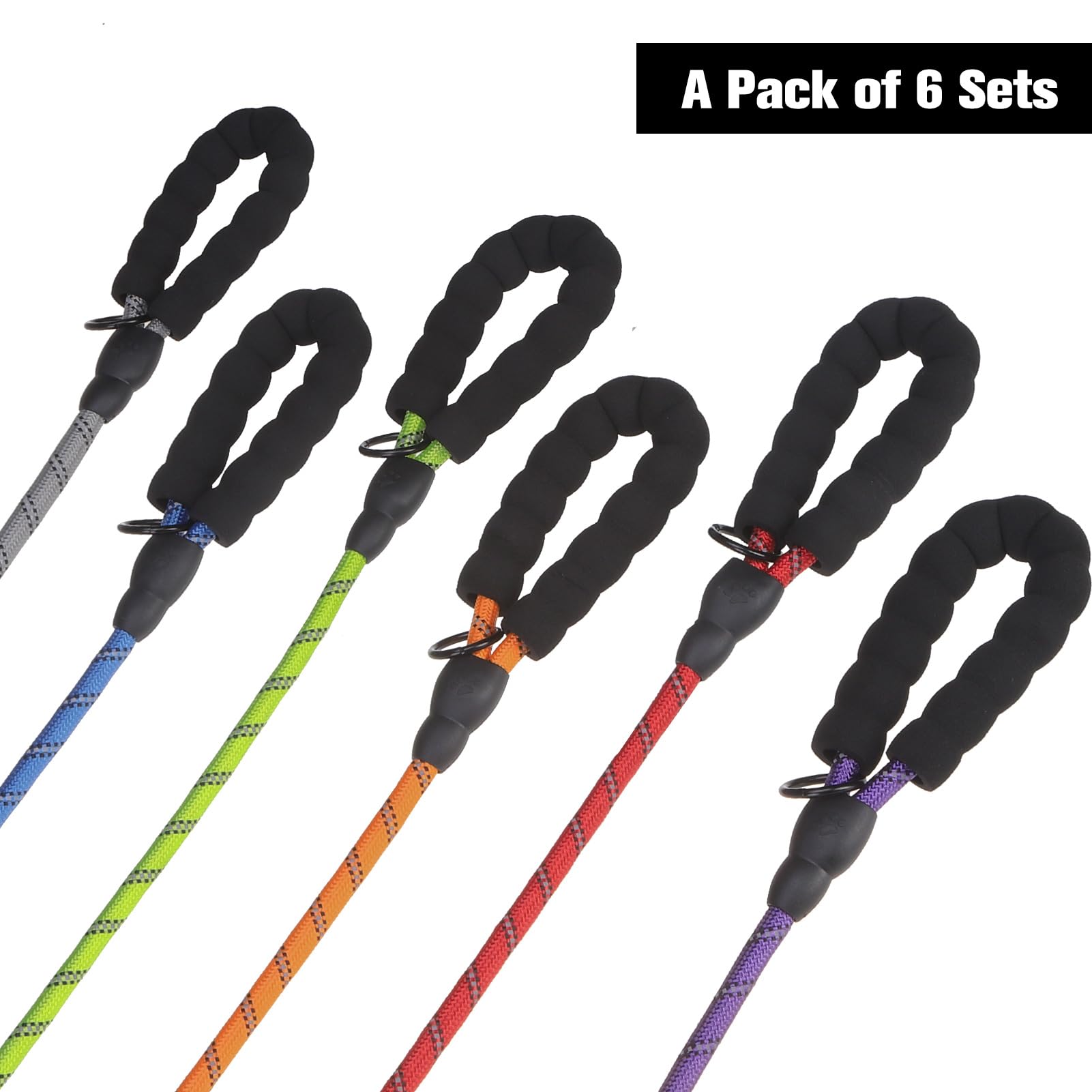 Beautyzoo Heavy Duty Rope Dog Leash 6 Pack, 5Ft Nylon Pet Lead With Reflective Thread, Soft Padded Handle For Large Medium Dogs