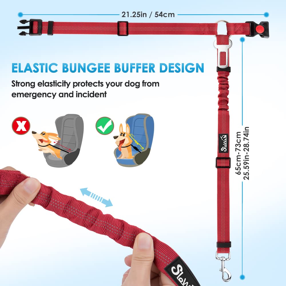 Slowton Dog Seat Belt Car, 2 Pack Dog Car Harness Seatbelt Adjustable With Elastic Bungee Buffer, 2 In 1 Pet Car Leash Headrest Restraint Safety Tether Reflective No Twist (Red-Dual Use)