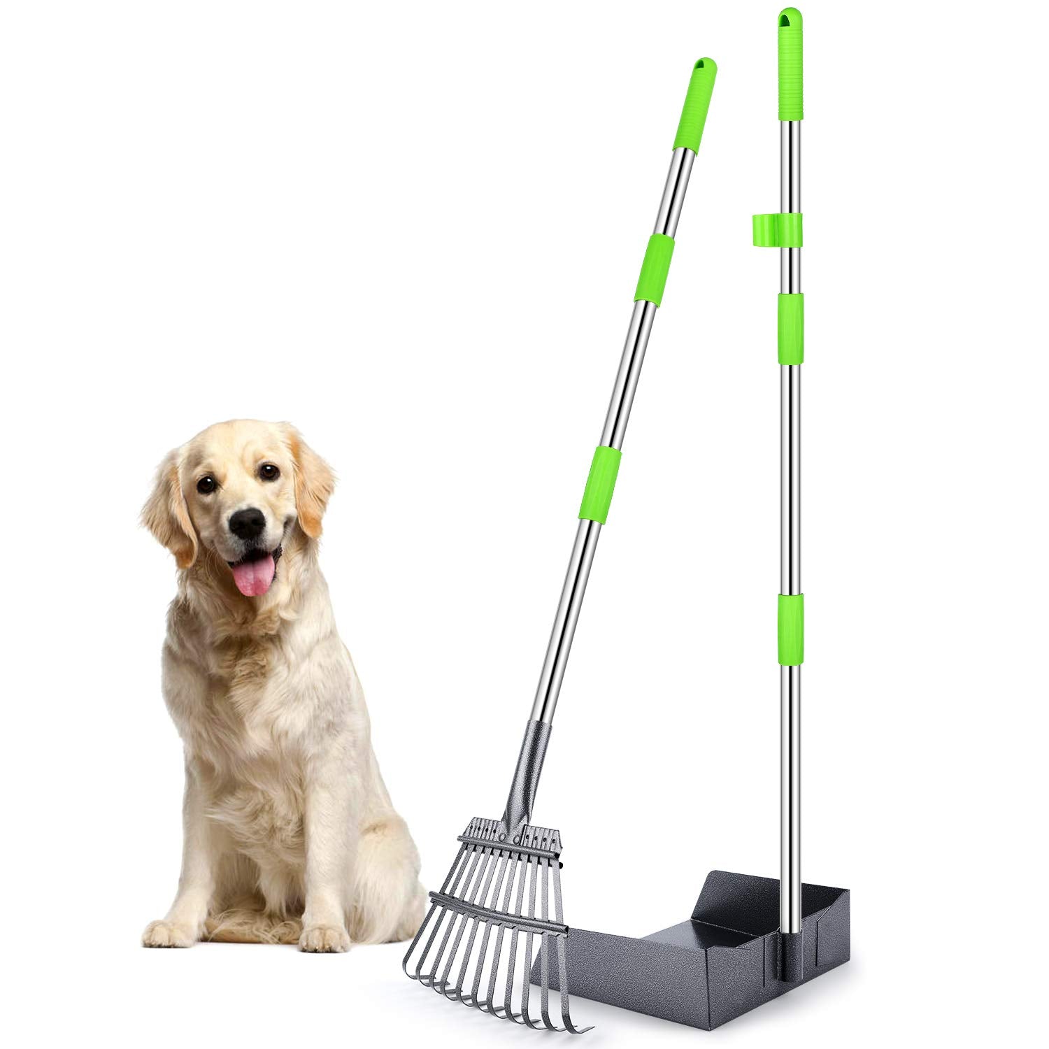 Dinjoo Extra Large Dog Pooper Scooper, Metal Pet Poop Tray & Rake Set, Adjustable Long Handle For Large Dogs - Great For Grass/Street/Gravel