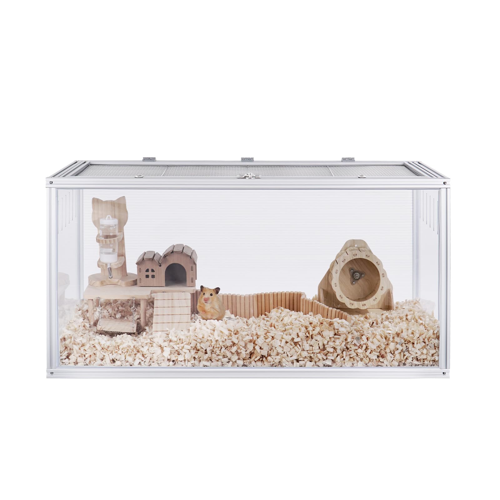 Jiwinner Large Hamster Cage, 32 x 16 x 16 in Chew-Proof Metal Frame, Clear Acrylic with Vent Holes, Hinged Top with Stainless-St