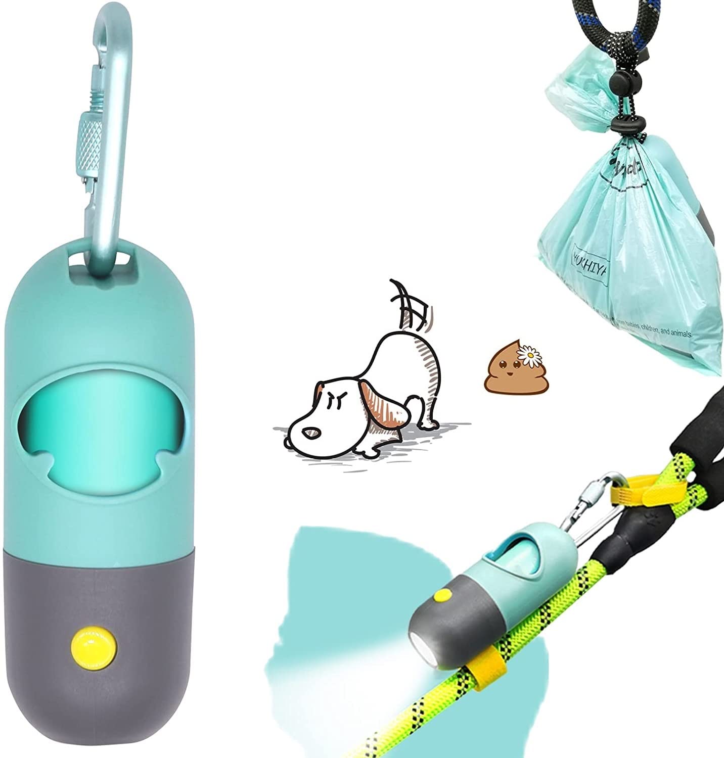 YUCHIYA Dog Poop Bag Dispenser with Flashlight, Leash Clip, Straps, 1 Roll, Acrylic, Crystal Blue