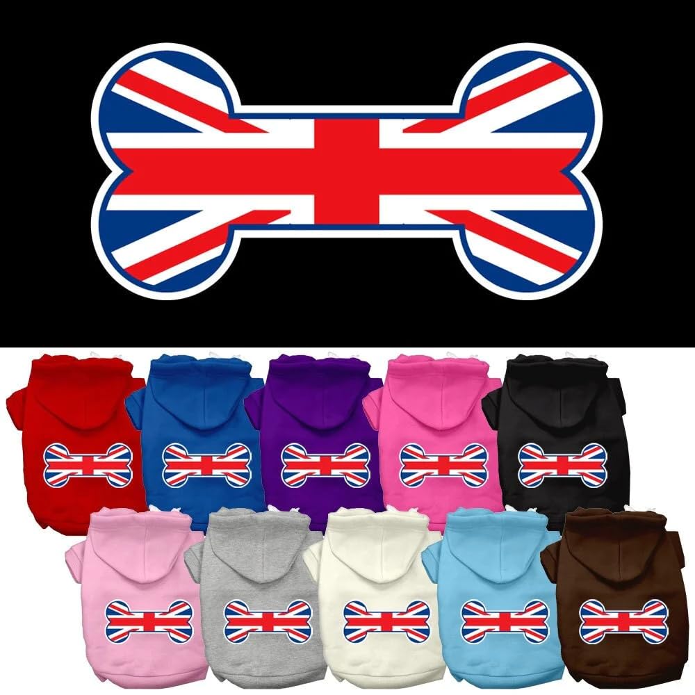 Pet, Dog & Cat Hoodie Screen Printed, Bone Shaped Flag United Kingdom (Union Jack) Flag Light Pink XL (14-20 lbs.)
