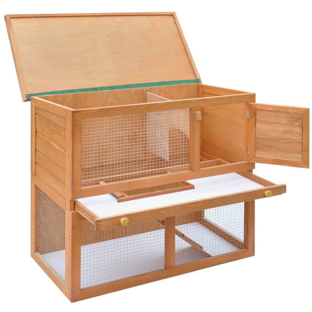 vidaXL Spacious Wooden Rabbit Hutch with Weatherproof Roof, Iron Wire Grid, Safety Lock, and Easy to Clean Pull-Out Tray - Ideal Outdoor Pet Cage for Small Animals - Brown Brass