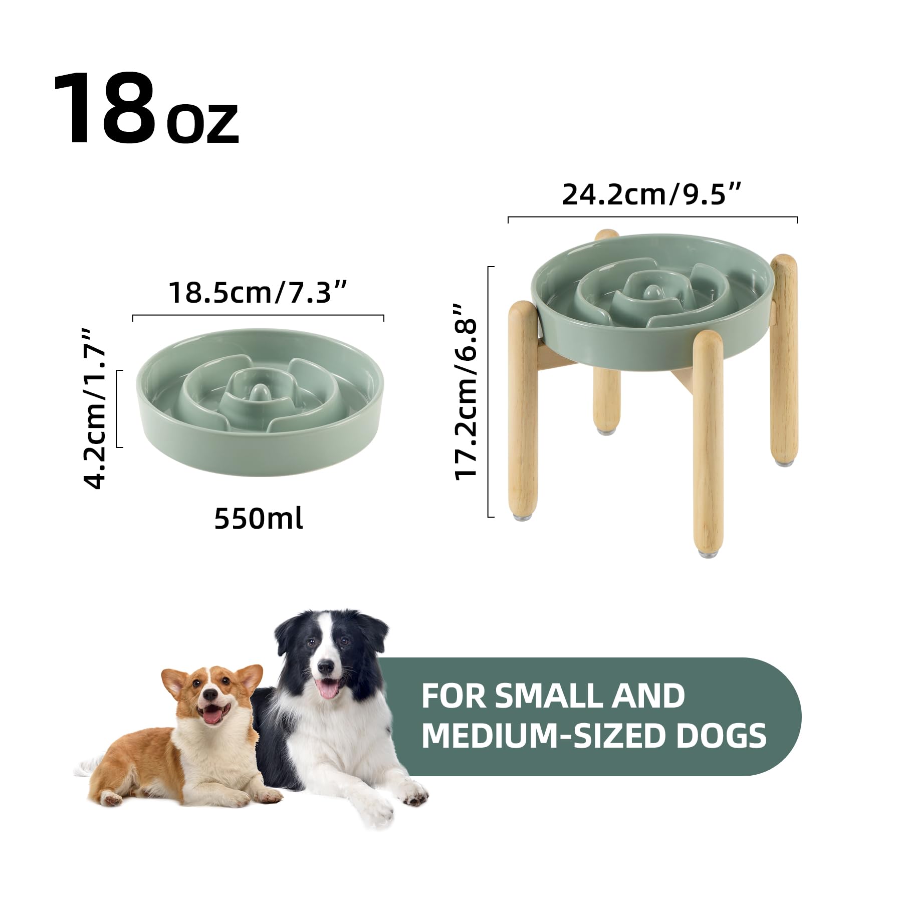 Havniva 7.3Inch Ceramic Raised Slow Feeder Dog Bowl Set, Elevated Wooden Stand For Medium And Small Dog, Puzzle Slow Dish, Preve