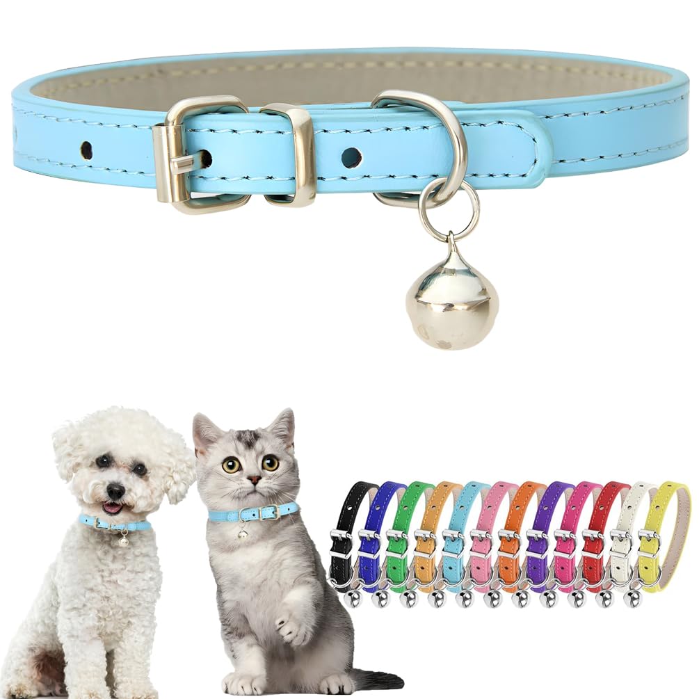 Sky Blue Xs Dog Collar With Bell Leather Puppy Collar With Bell Adjustable Buckle Kitten Cat Collars For Xxsmall Xsmall Tiny Lit