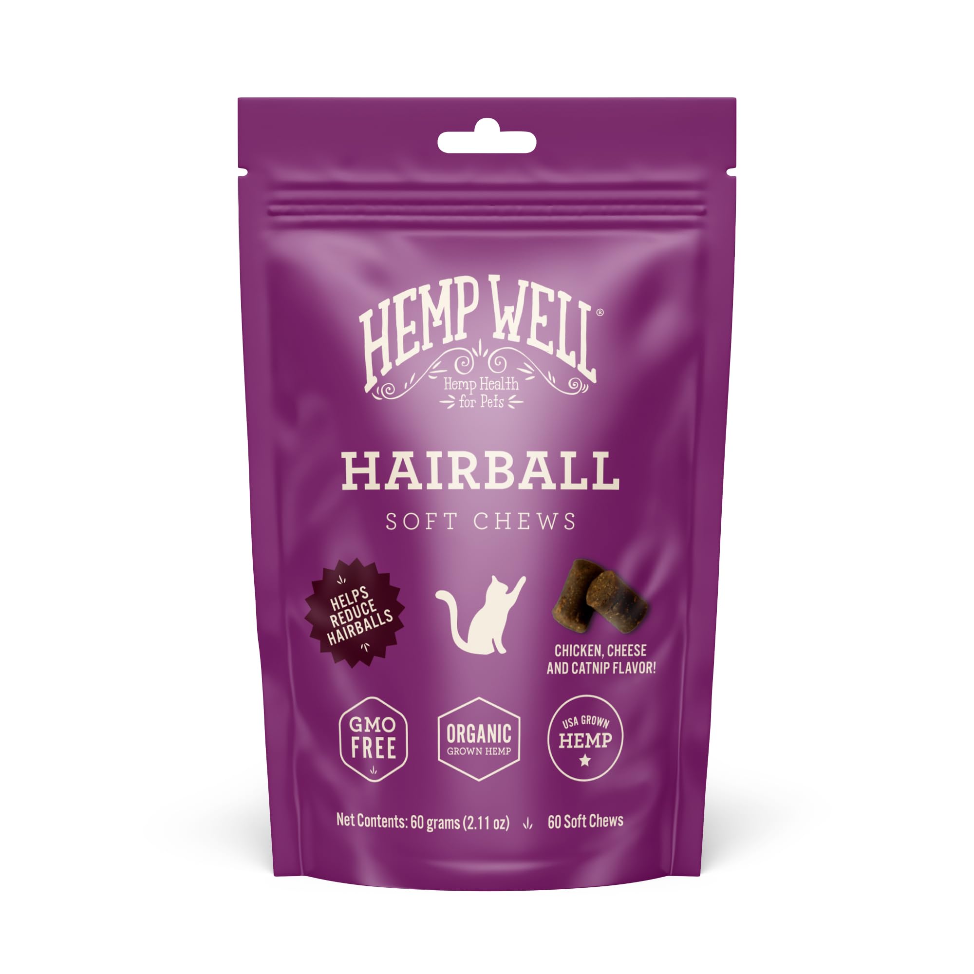 Hemp Well Cat Hairball Soft Chews for Cats (2 Pack), Organic USA Grown, Chicken Cheese & Catnip Flavor!