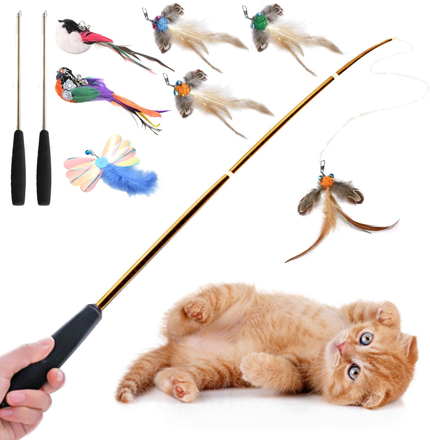 Aobvrey Interactive Cat Wand Toys Set, 2Pcs Cat Teaser With 6 Replacement Birds, Feathers & Bells For Indoor Play
