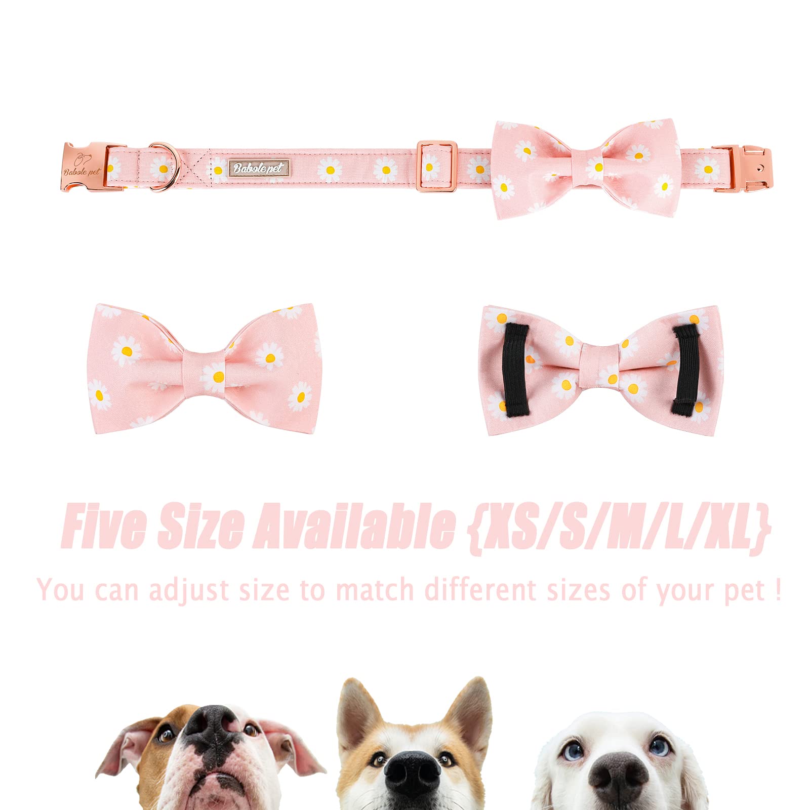 Babole Pet Dog Collar With Pink Daisy Bow Tie,Cotton Dog Collar With Safety Metal Buckle Adjustable Puppy Collars For Small Medium Large Boy&Girl Dog,Small,Neck 10'-16'
