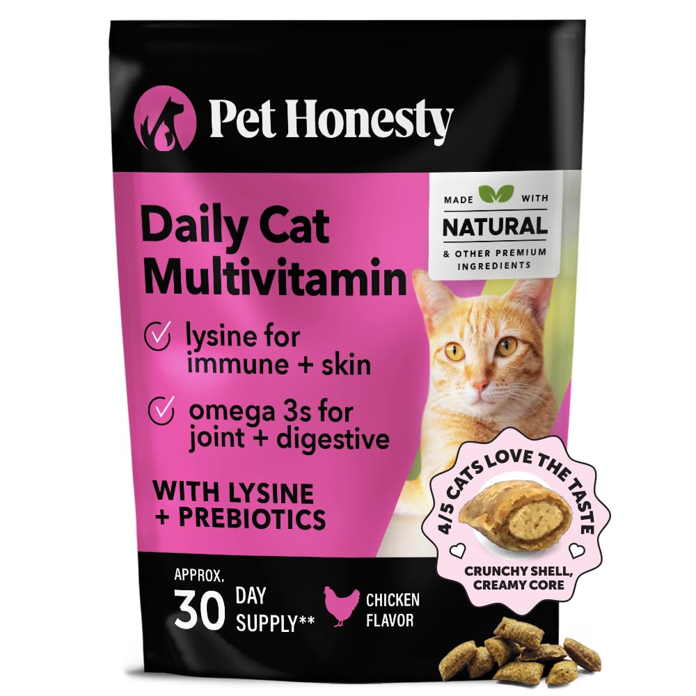 Pet Honesty Cat Multivitamin Crunchy & Creamy Chews - Cat Treats For Health + Immune, Cat Joint Support, Skin & Coat, & Digestion - Omega 3S, Lysine & Probiotic Cat Vitamins - 30 Day Supply