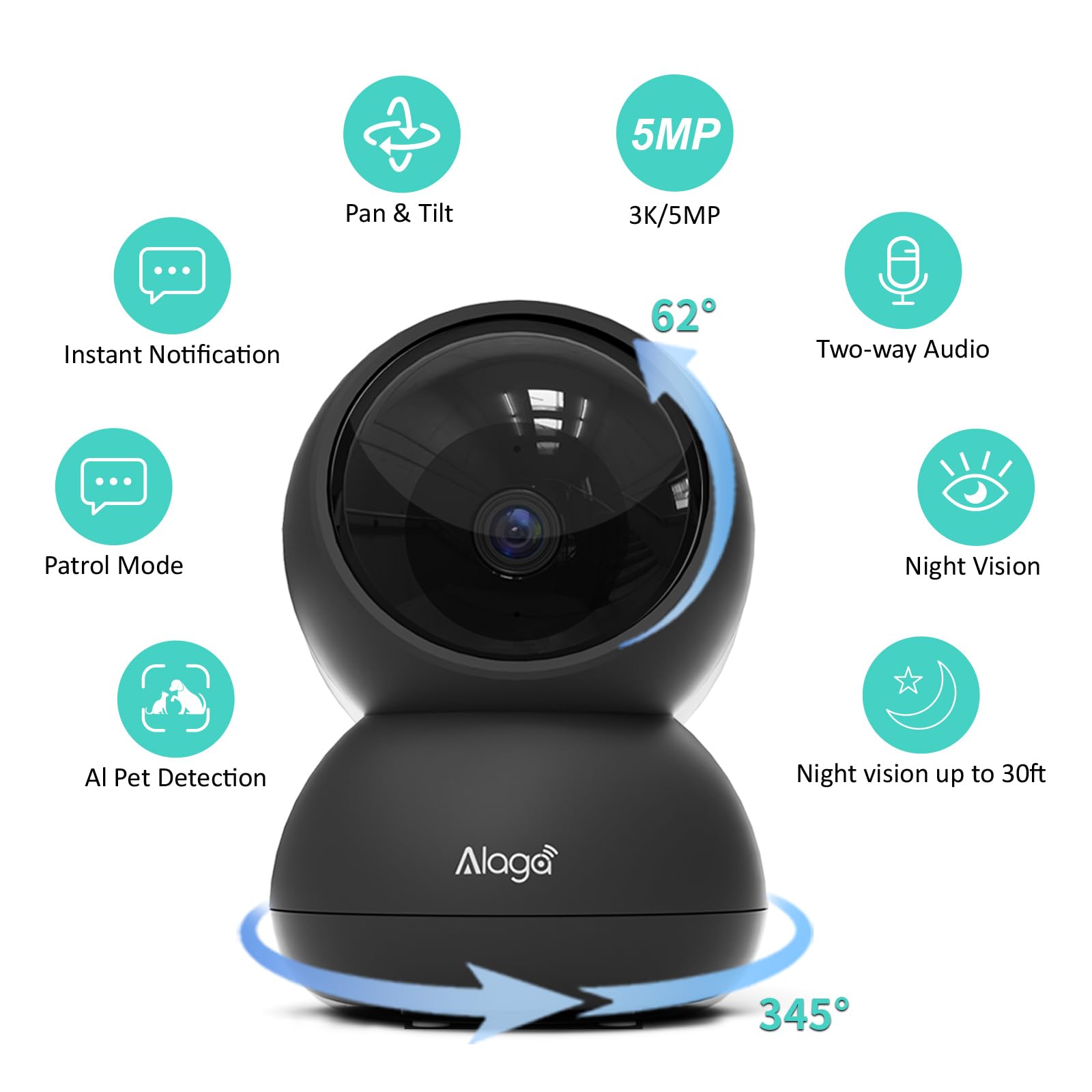 Alaga 3K Pet Camera, Dog Monitor with Phone App, 360 Pan/Tilt, Night Vision, Speaker, WiFi Cameras for Dog/Cat, Compatible with