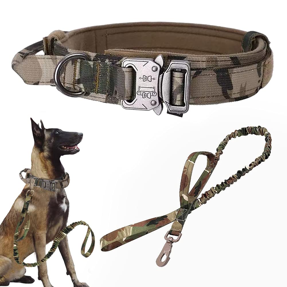 Tactical Dog Collar And Leash Set Tactical Dog Collar With Handle Bungee Leash Adjustable Military Training Nylon Collar Dog Training Collar Leash Set With Control Handleand Metal Buckle (Camo L