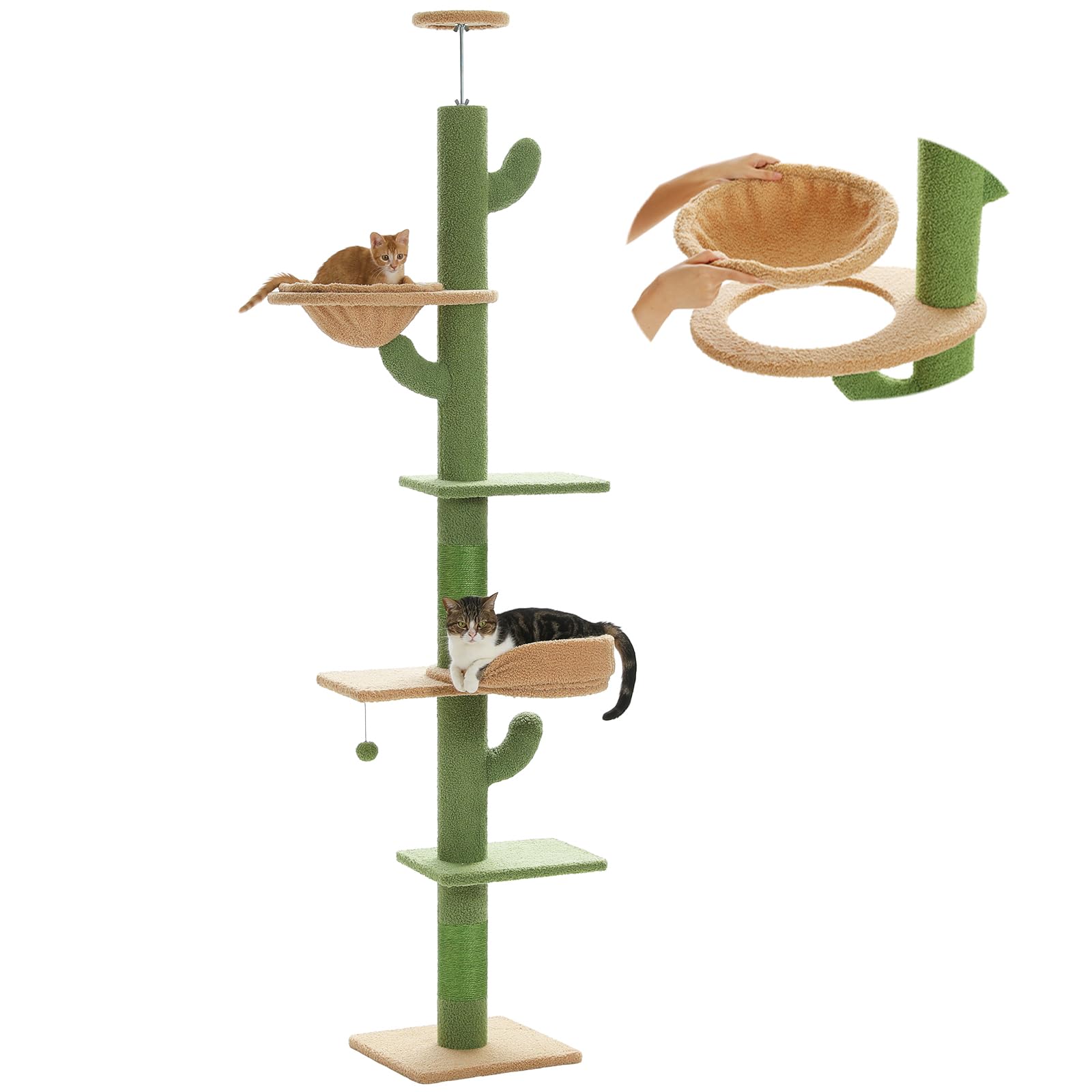 Petepela Floor To Ceiling Cat Tree [87''-100''] Height Adjustable, 5 Levels Cactus Cat Tower With Perch&Replaceable Hammock(Visi