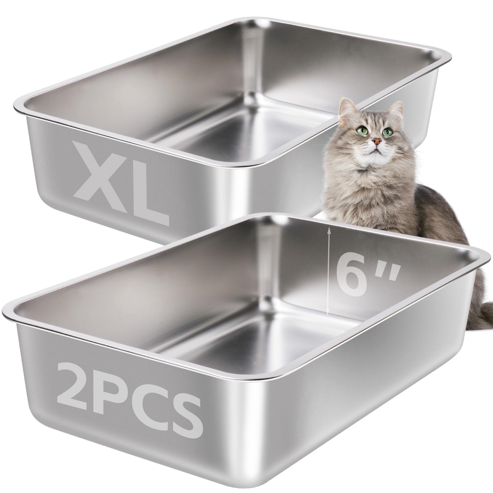 Egmehoad Stainless Steel Cat Litter Box 2 Pack-Large Metal Litter Box High Sided Litter Pan For Adult Big Cats, Stainless Steel 