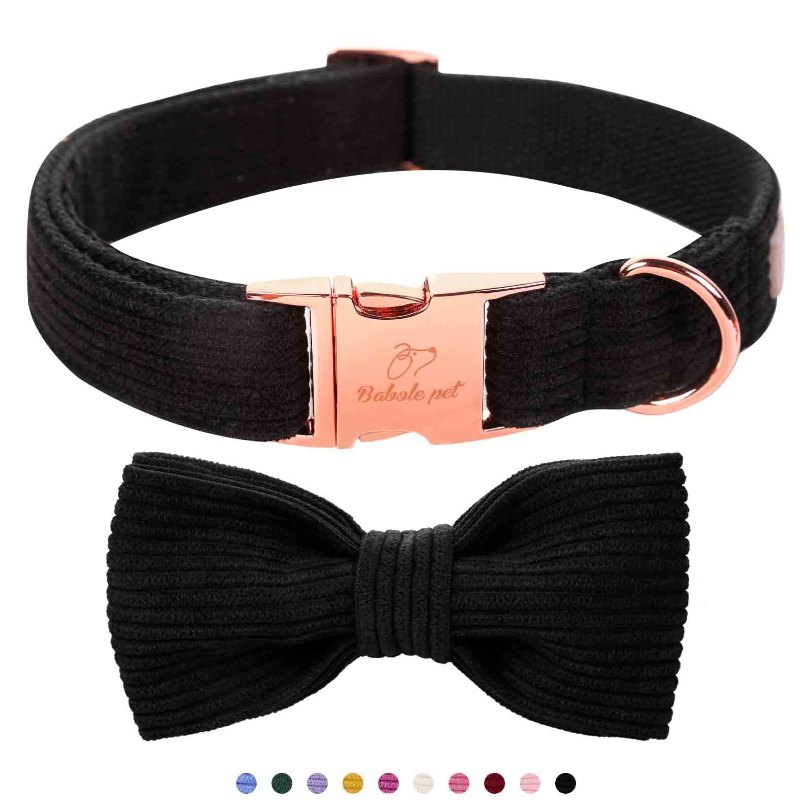 Babole Pet Black Dog Collars for Large Dog,Cute Corduroy Dog Collar with Bow Tie Safety Metal Buckle Adjustable Puppy Collars fo