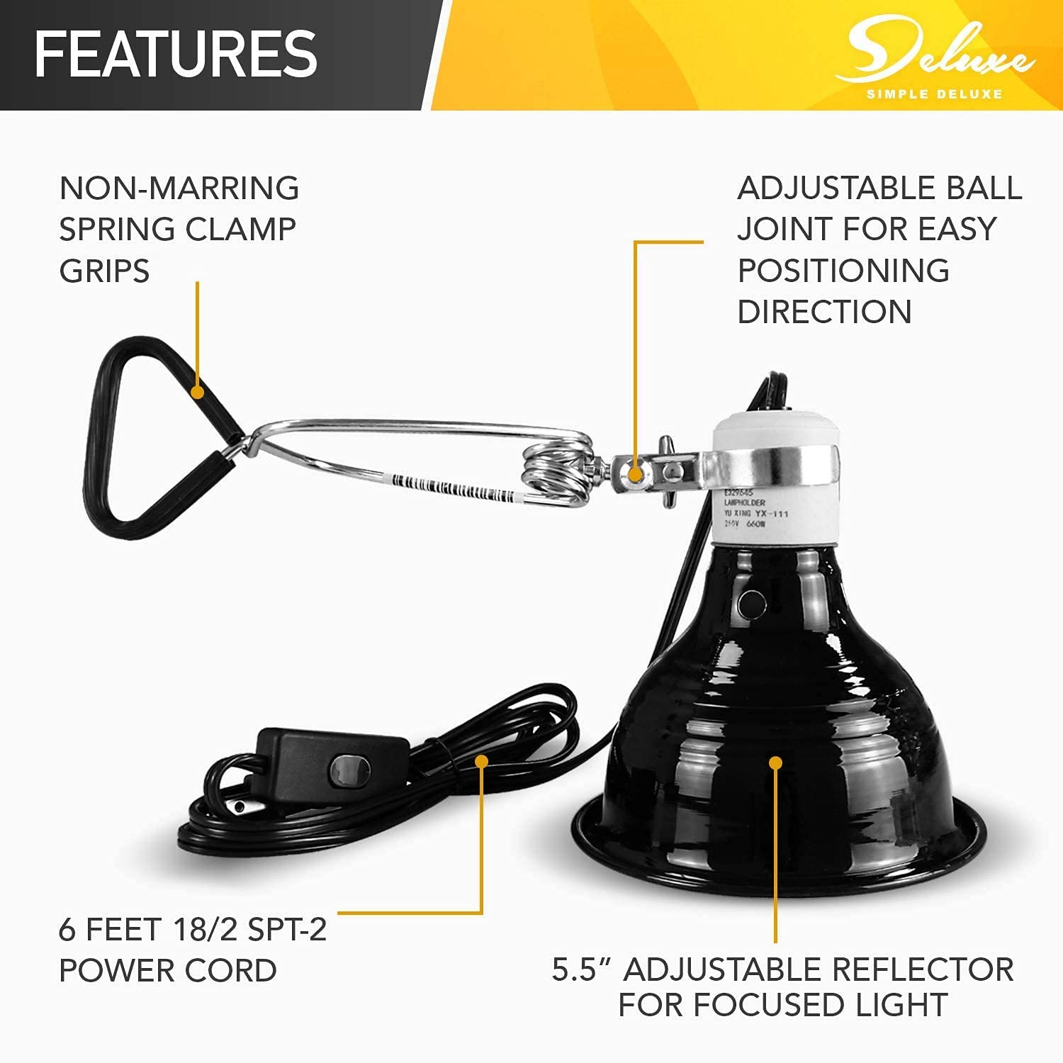 Simple Deluxe 50W Reptile Ceramic Heat Bulb No Light Emitting With 5.5 Inch 60W Dome Light Clamp Lamp Fixture And Digital Thermostat Controller, For Incubating Chicken & Amphibian Pet