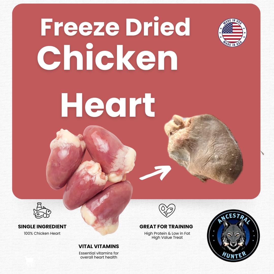 Ancestral Hunter Freeze Dried Chicken Hearts for Dogs and Cats - Single Ingredient Chicken Heart Treats - 3 OZ. Freeze Dried Raw
