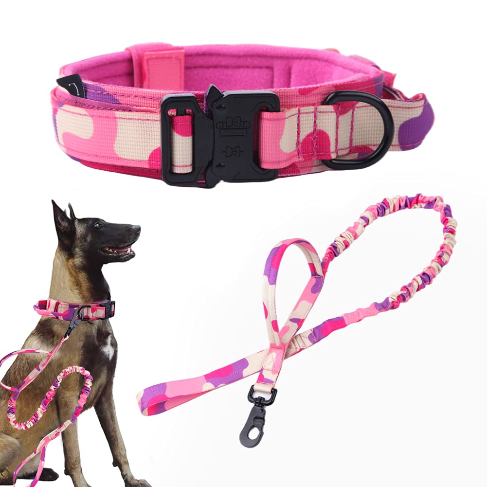 Tactical Dog Collar And Leash Set Tactical Dog Collar With Handle Bungee Leash Adjustable Military Training Nylon Collar Dog Training Collar Leash Set With Control Handleand (Pink Camo Xxl