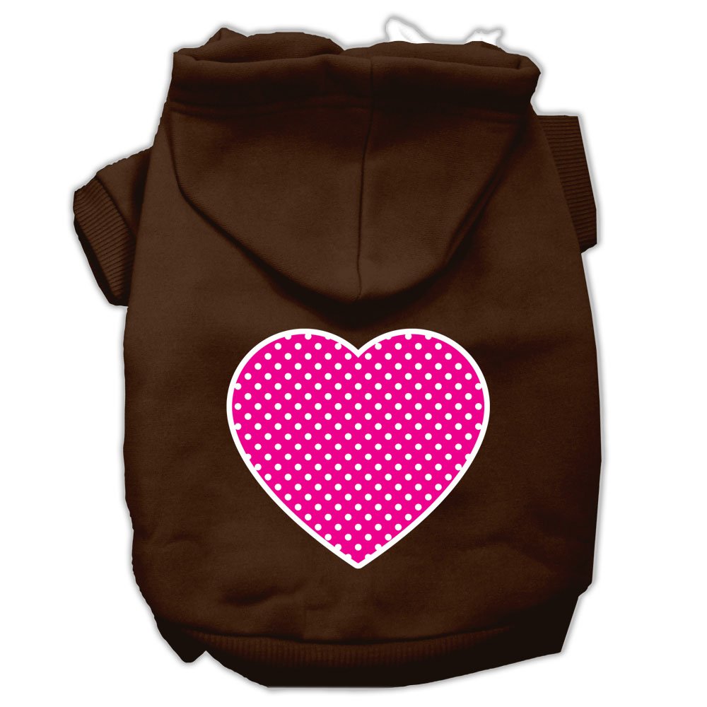 Pet Dog & Cat Hoodie Screen Printed, 'Pink Swiss Dots Heart' Brown Xs (0-3 Lbs.)