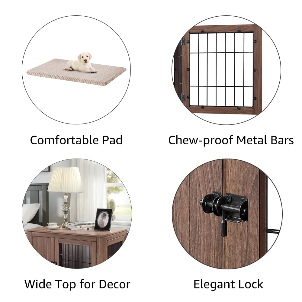 unipaws Dog Crate End Table - Wooden Wire Kennel, Medium Size 36"L x 23"W x 26.2"H, Walnut Finish, Double Doors, Indoor Use