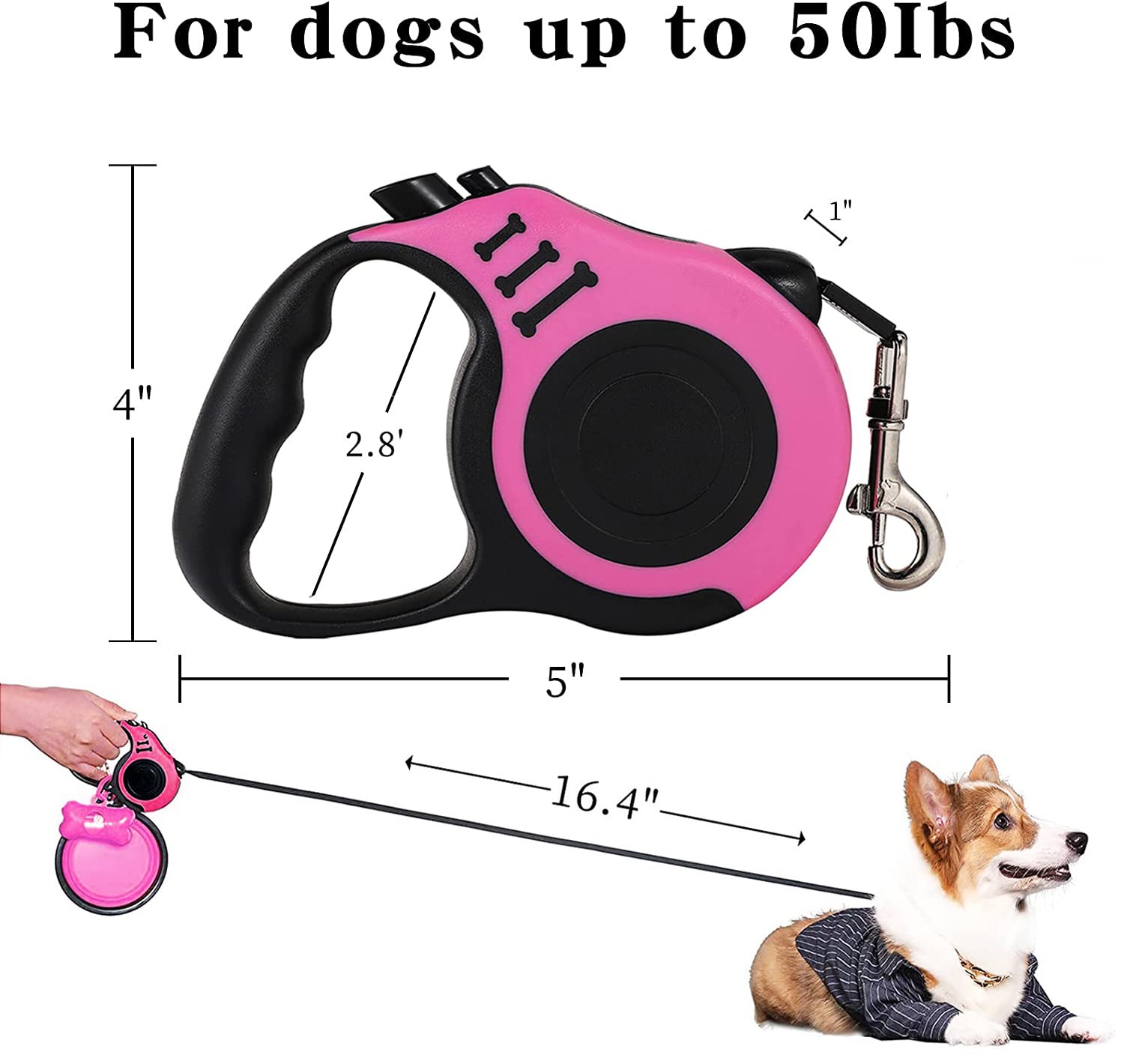 Retractable Dog Leash,Heavy Duty Dog Leash Retractable,Dog Walking Leash For Small Dog Or Cat Up To 26 Lbs,360° Tangle-Free Strong Nylon Tape,Anti-Slip Handle,With Waste Bag Dispenser(16Ft Pink)