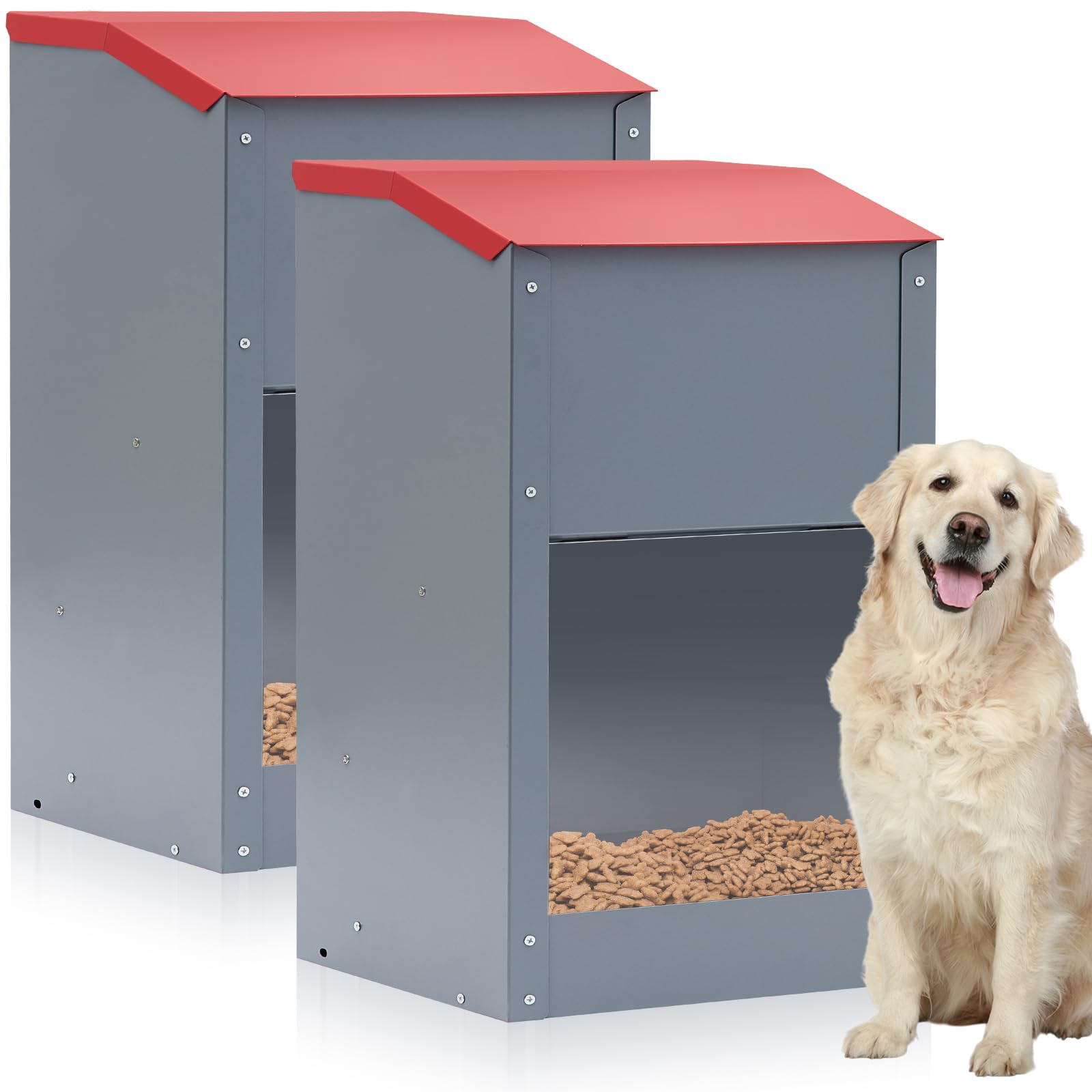 2 Pcs 25 Lbs Large Galvanized Automatic Dog Feeder Dog Food Dispenser with Handle Acrylic Panel Galvanized Gravity Feeder Thicke