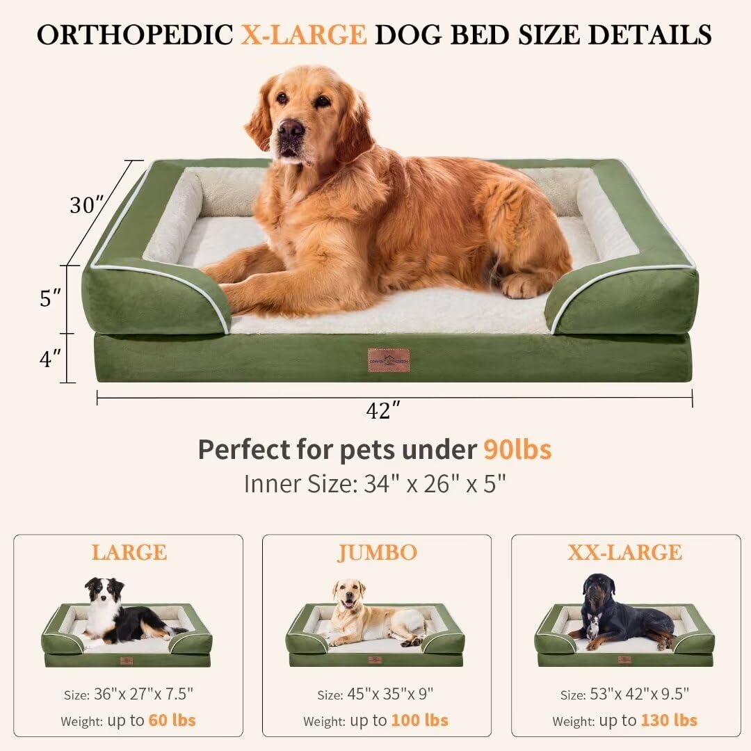 Comfort Expression Orthopedic Dog Beds Extra Large, Xl Dog Bed, Waterproof Dog Bed With Bolster, Washable Dog Bed Sofa With Removable Cover & Non-Slip Bottom(X-Large,Light Green)