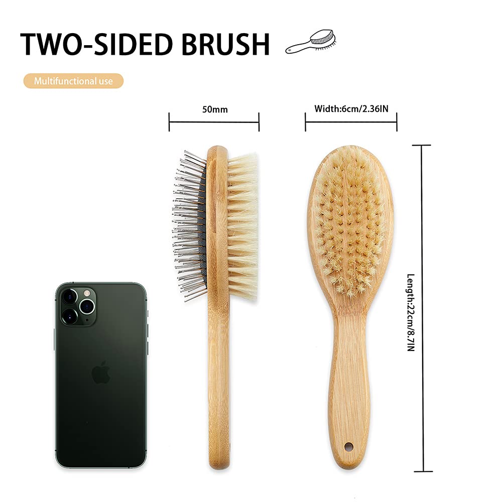 Dog Brush Cat Brush, Vokiuler Double Sided Bristle And Pin Pet Brush For Dog Grooming, Real Boar Bristle Shedding Brush With Bam