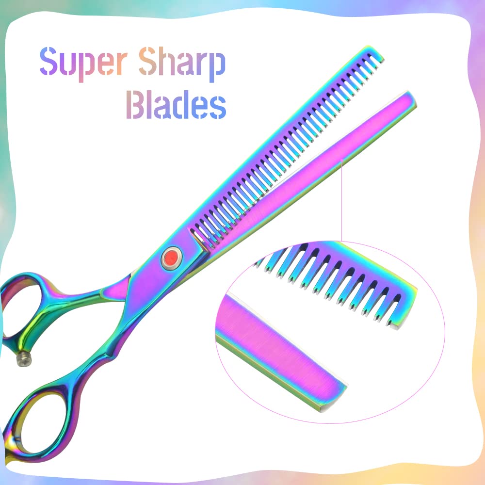 Lilys Pet High-End Series Japan 440C Stainless Steel Professional Pet Grooming Scissors Set,Rainbow Color,Cutting&Thinning&Two-Way Curved Shears Set (8.0')