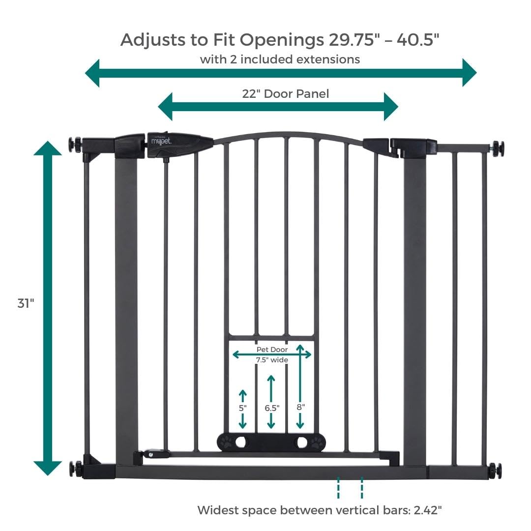 Mypet North States Wide Deco Easypass Pet Gate With Patented Adjustable Pet Door: 29.75'' - 40.5'' Wide Dog Gate. Pressure Mount