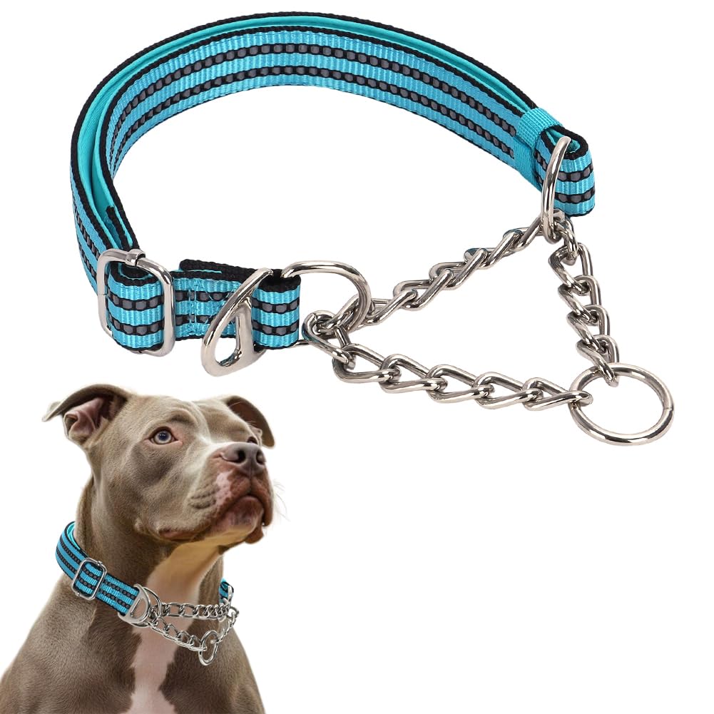Teal Martingale Collar For Dogs, Reflective Nylon Dog Chain Collar Escape Proof No Pull Dog Collar With Stainless Steel Chain Fo