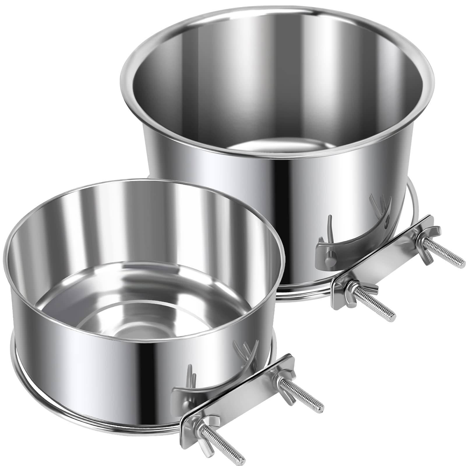 2 Pcs Large Pet Dog Food Water Bowl for Cage Stainless Steel Non-Spill Kennel Hanging Cats Bowls with Clamp Holder Crate Feeder 