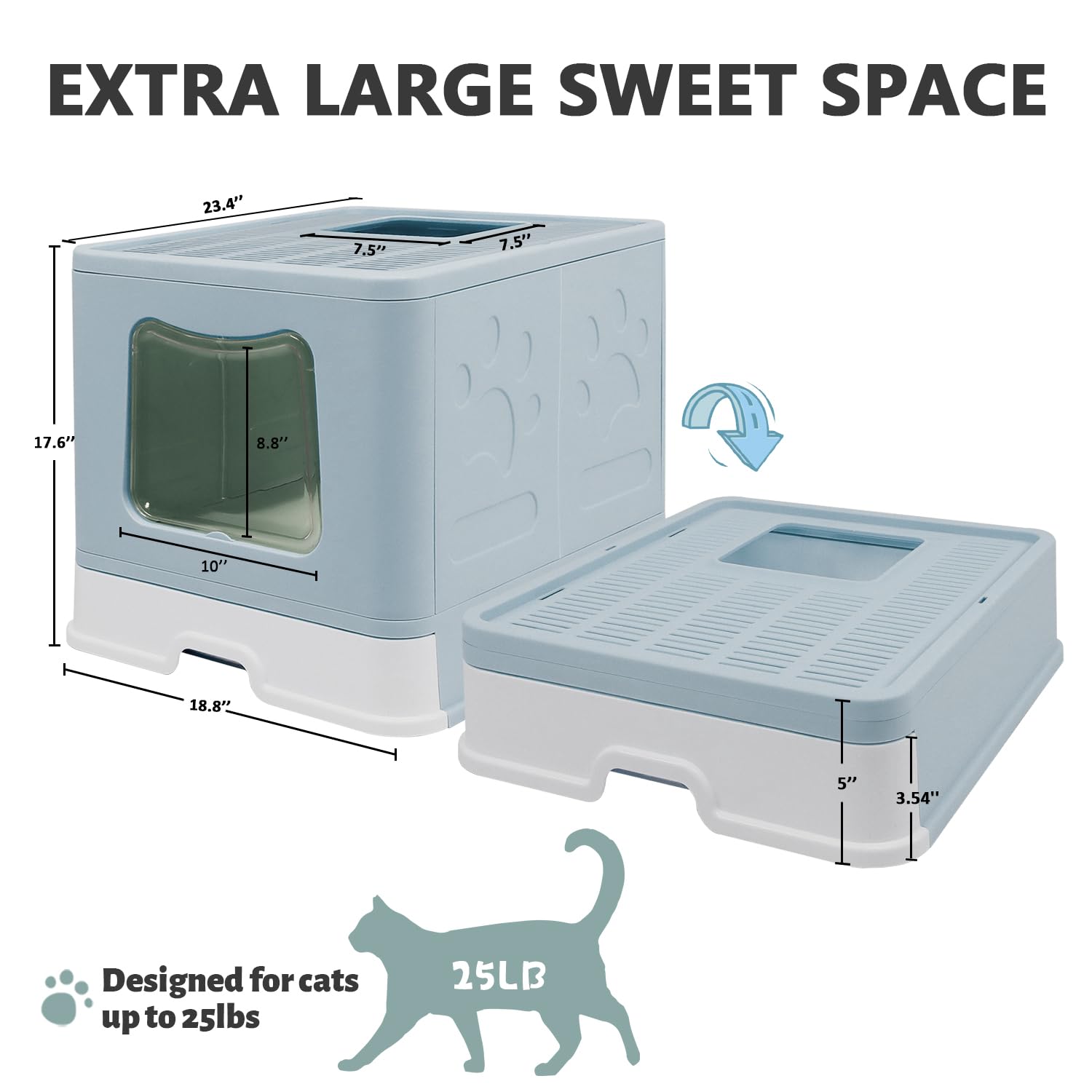 Foldable Xl Cat Litter Box With Lid, Jumbo Enclosed Cat Potty, Top Entry Anti-Splashing Cat Toilet, Easy To Clean Including Cat Litter Scoop And 2-1 Cleaning Brush (Blue) Extra Large