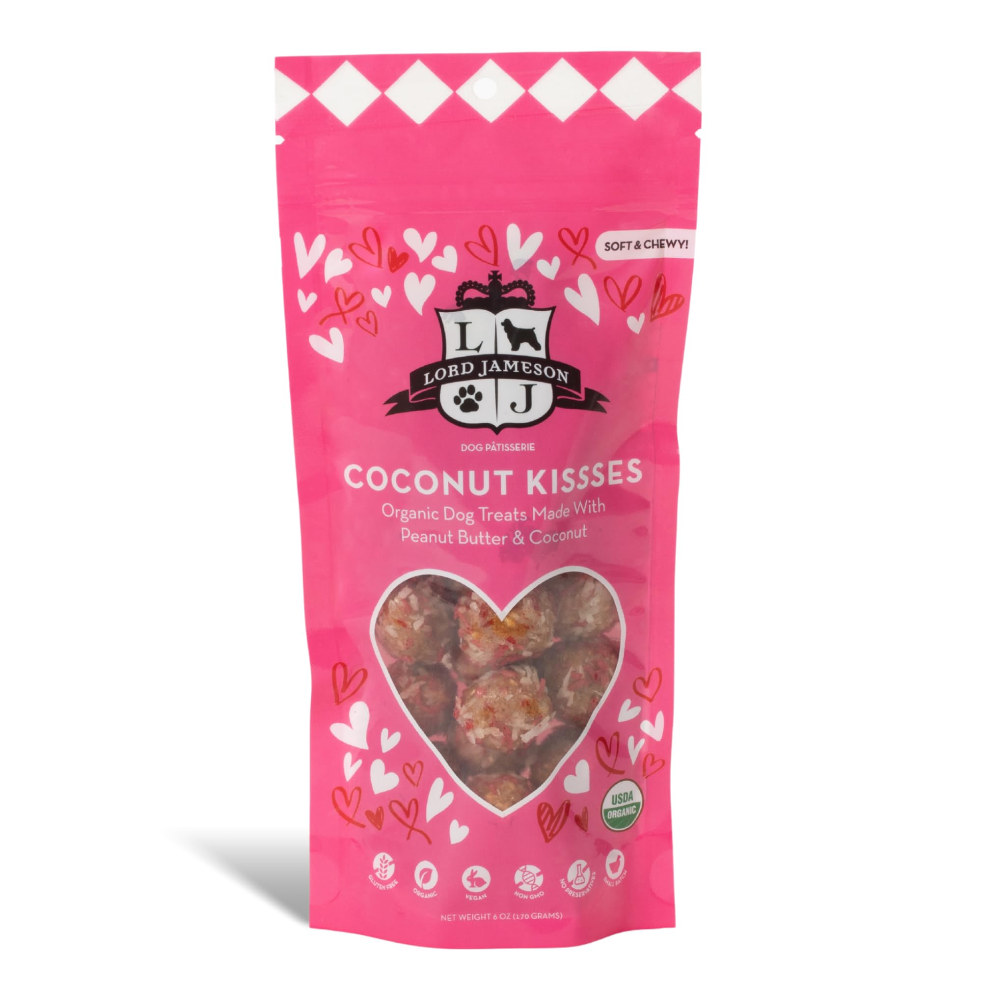Lord Jameson Coconut Kisses Soft & Chewy Organic Dog Treats - Peanut Butter & Coconut Shreds- Gluten-Free, Preservative-Free, US