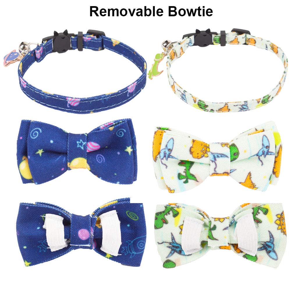 Adoggygo Cat Collar Breakaway With Cute Bow Tie Bell, 2 Pack Kitten Collar With Removable Bowtie, Universe Dinosaur Bowtie Colla