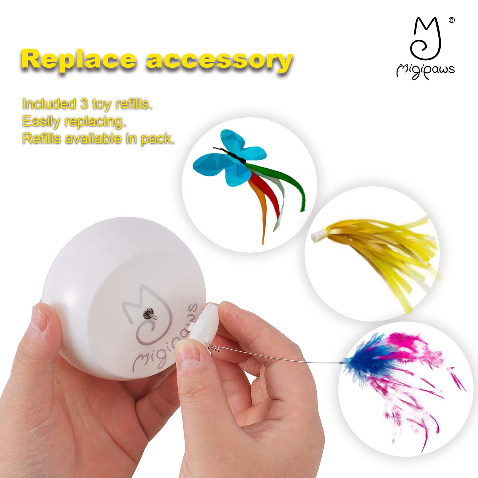 Migipaws Cat Toys Interactive Butterfly Feather Mice Spin With Smart Rolling Ball For Indoor Kittens Self Play Automatic Sensing