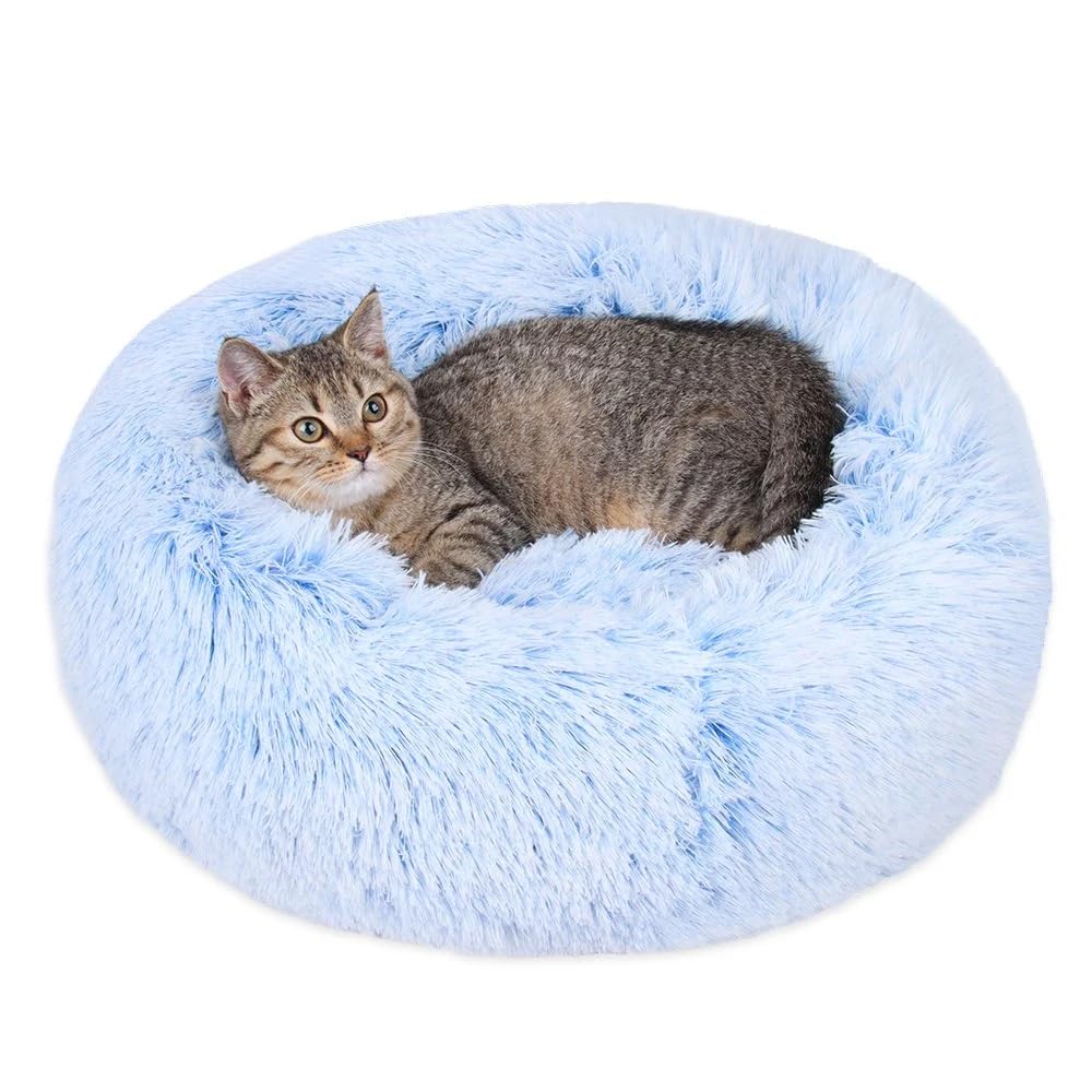 Cat Beds For Indoor Cats - Cat Bed Washable 20/24 Inches, Dog Beds For Small Medium Dogs, Anti Anxiety Round Fluffy Plush Faux Fur Cat Bed, Thick Bottom (Cornflower Blue, Medium)