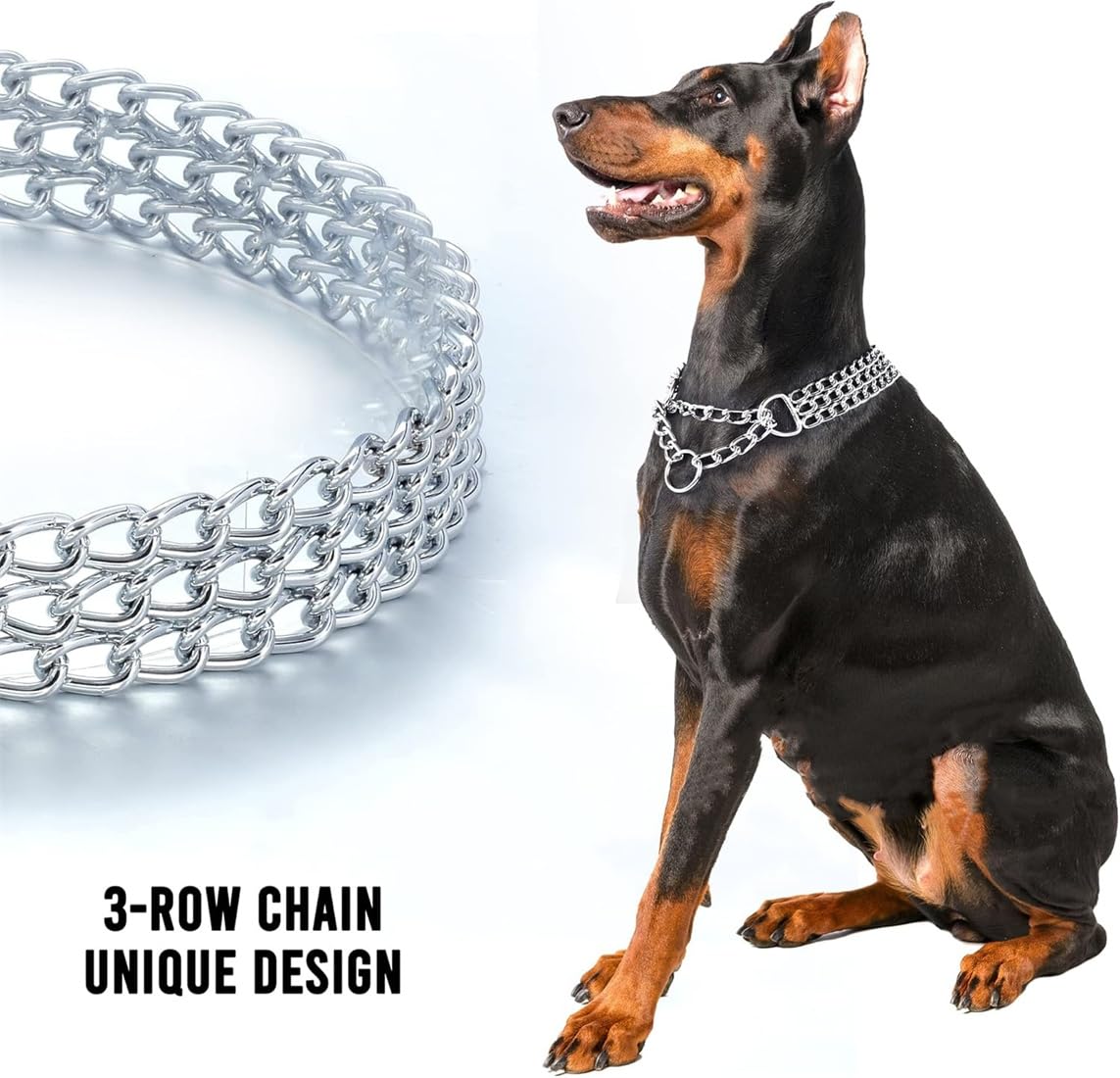 Silver Choke Collar For Dogs,3 Rows Stainless Steel Dog Chain Chew Proof Cuban Link Metal Martingale Collar Heavy Duty Training