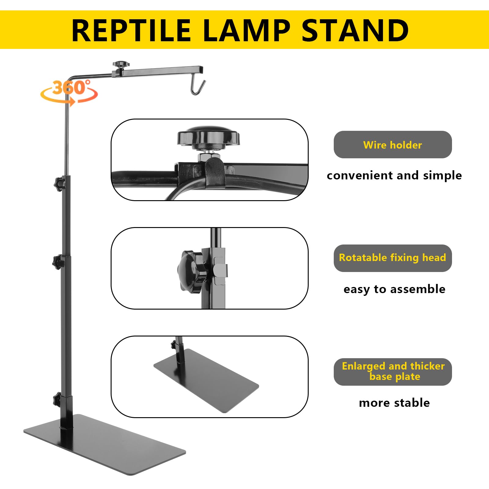 REPTI HOME Reptile Lamp Stand , Adjustable 14-37 Inch Heat Lamp Stand , Reptile Light Stand Holder Lamp Hanging Bracket Metal Su