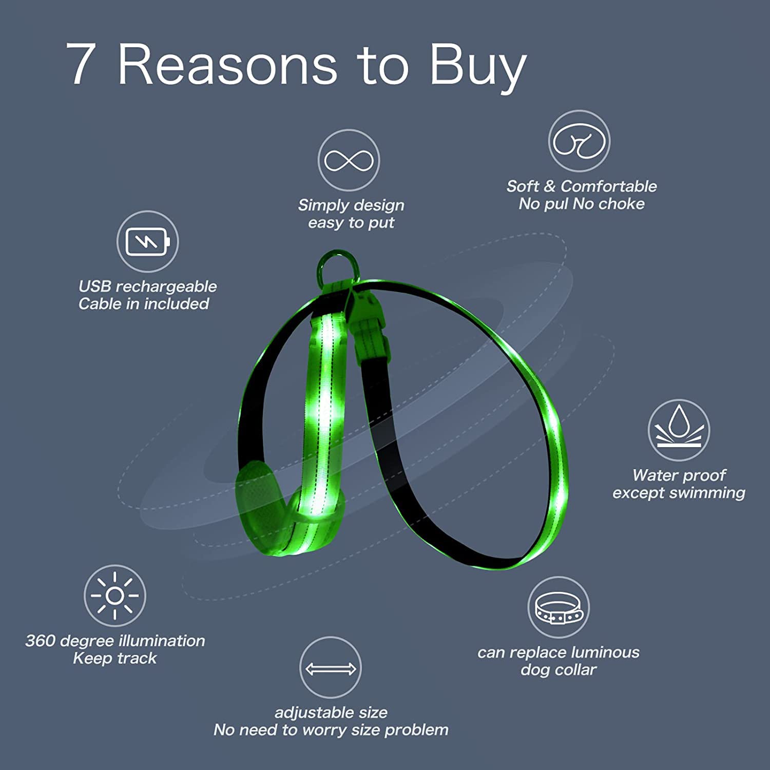 KOSKILL LED Light Up Dog Harness, Rechargeable & Reflective, Glow in The Dark, Green, Size M (Neck? = 96cm) for Night Walking