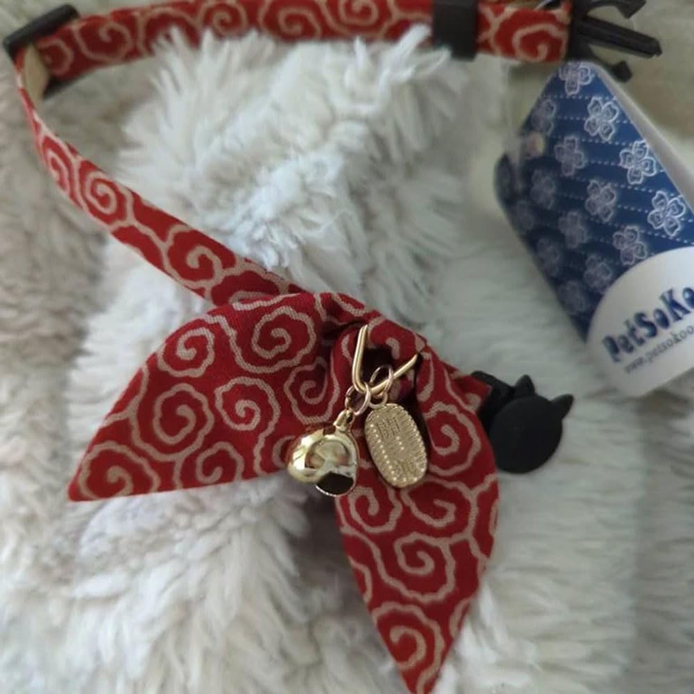 Petsokoo Bunny Ears Cat Collar, Japan Lucky ‘開三運’ Charm. Safety Breakaway Bowtie Kitten Collar With Bell, Navy Blue