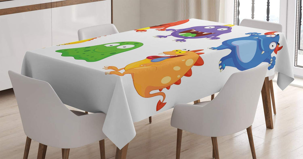 Ambesonne Funny Tablecloth, Comic Cartoon Monsters With Smiling Faces Little Freak Mascots Illustration Humor Art Print, Rectang