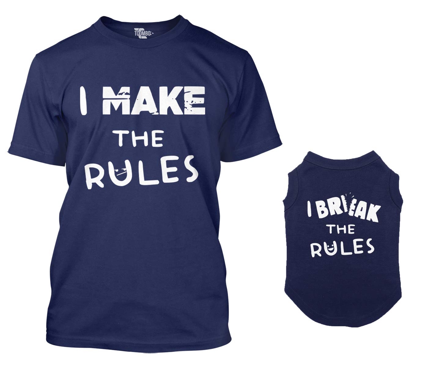 I Make The Rules/I Break The Rules Matching Dog Shirt & Owner T-Shirt (Navy, Medium Mens/Large Dog)