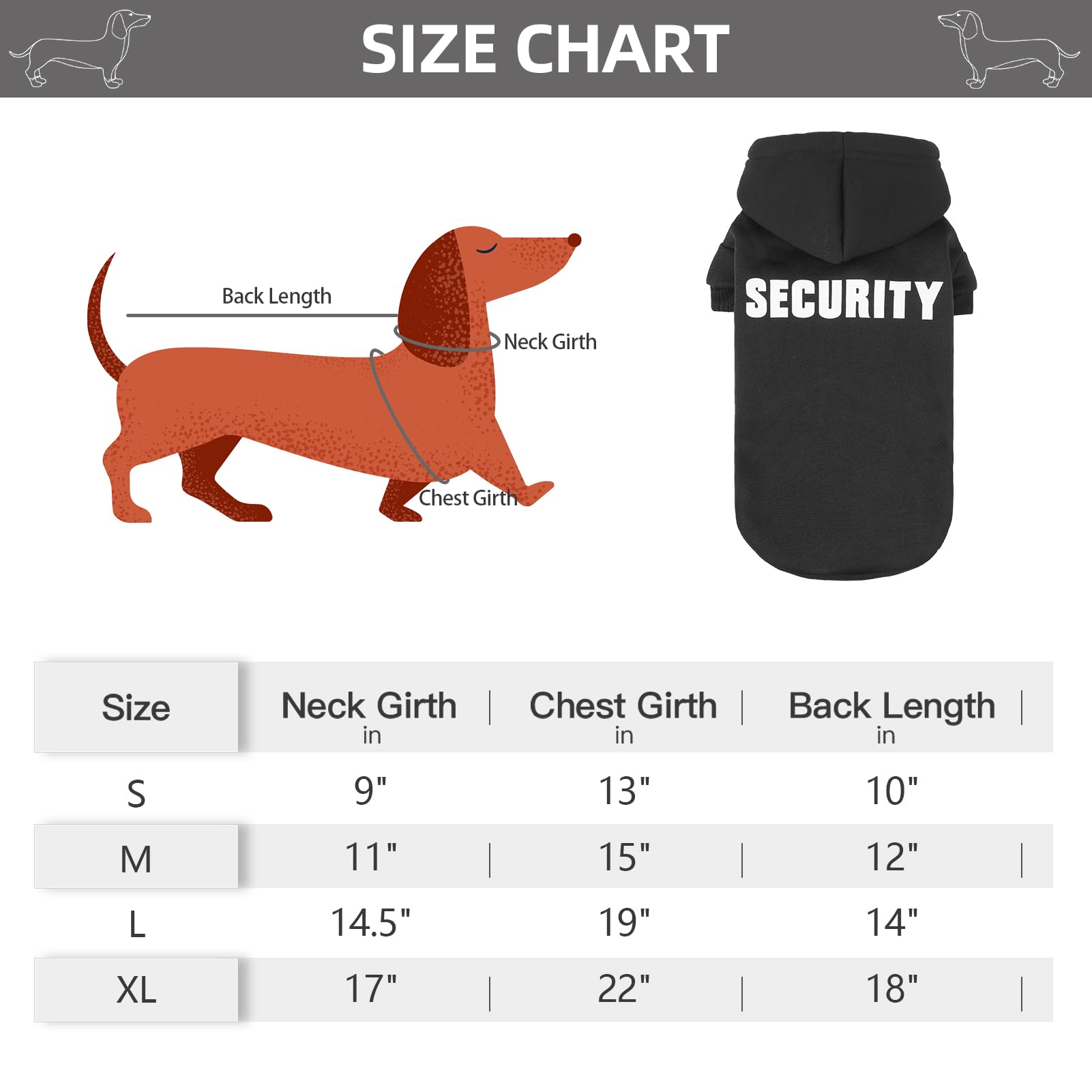BINGPET Security Dog Hoodie - X-Large Dachshund Sweater, Soft Brushed Fleece, Black