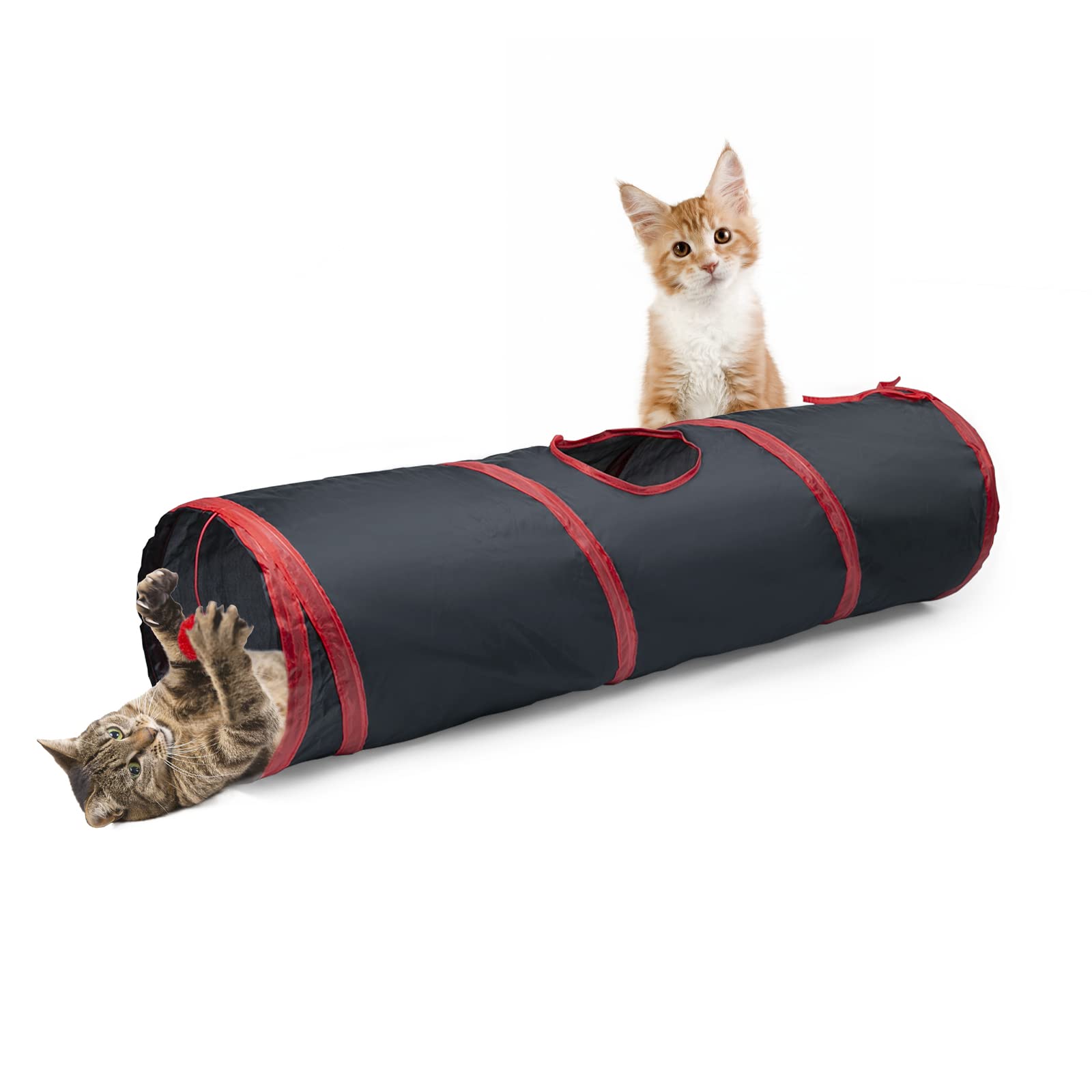 Sheldamy Cat Tunnel, 2-Way Collapsible Play Tunnel, Interactive Toy Maze For Small Animals, Red & Black