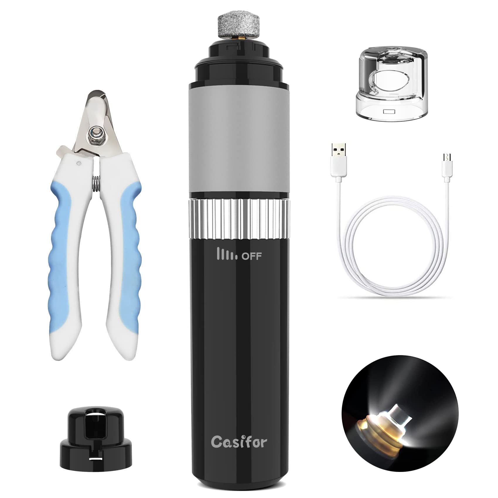 Casifor Dog Nail Grinder 10H Working Time Powerful Professional Quiet Electric Pet Nail Trimmer Stepless Speed Regulation Painless Nail File For Large Medium Small Dogs And Cats