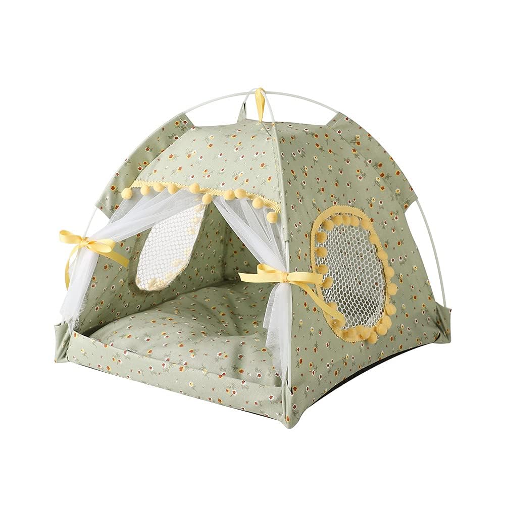 Cat Bed Tents Dog House Indoor Outdoor Lace Mesh Breathable Windows Door Curtains Removable Portable Nest Teepe House (Medium,Gr