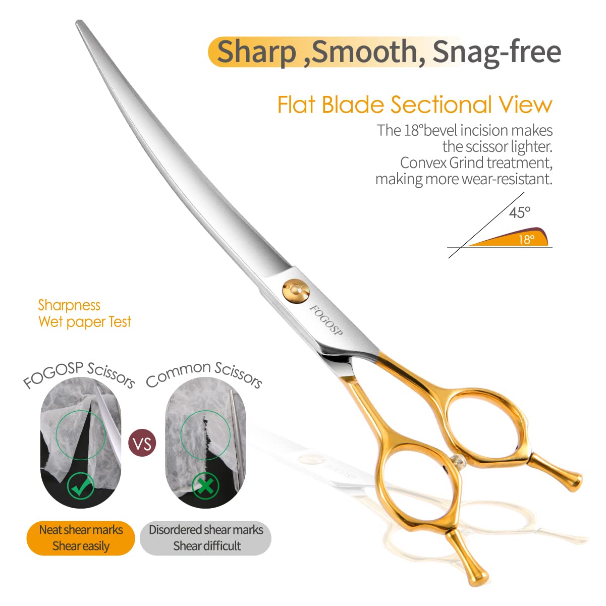 Fogosp Curved Dog Grooming Scissors Professional 7'' Grooming Shears For Dogs Pet Right Handed Groomer Japan 440C Stainless Stee