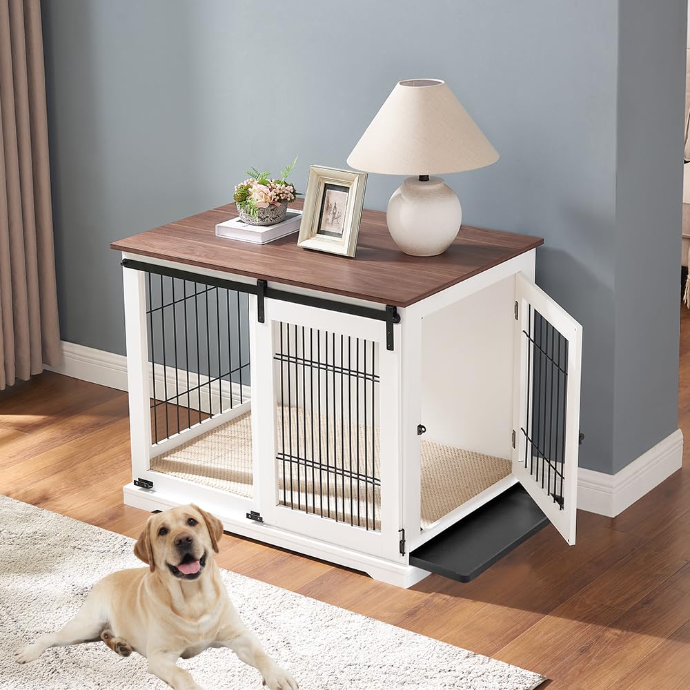 beeNbkks Dog Crate Furniture with Sliding Barn Door, Stylish Double Doors Wooden Kennel with Tray and Cushion, Decorative Indoor