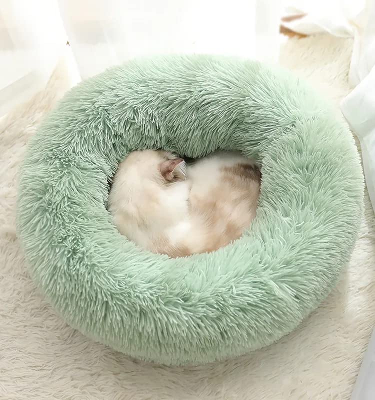 Cat Beds For Indoor Cats - Washable 20/24 Inches, Anti-Anxiety Round Plush Faux Fur, Thick Bottom (Light Green, Medium) - Suitab