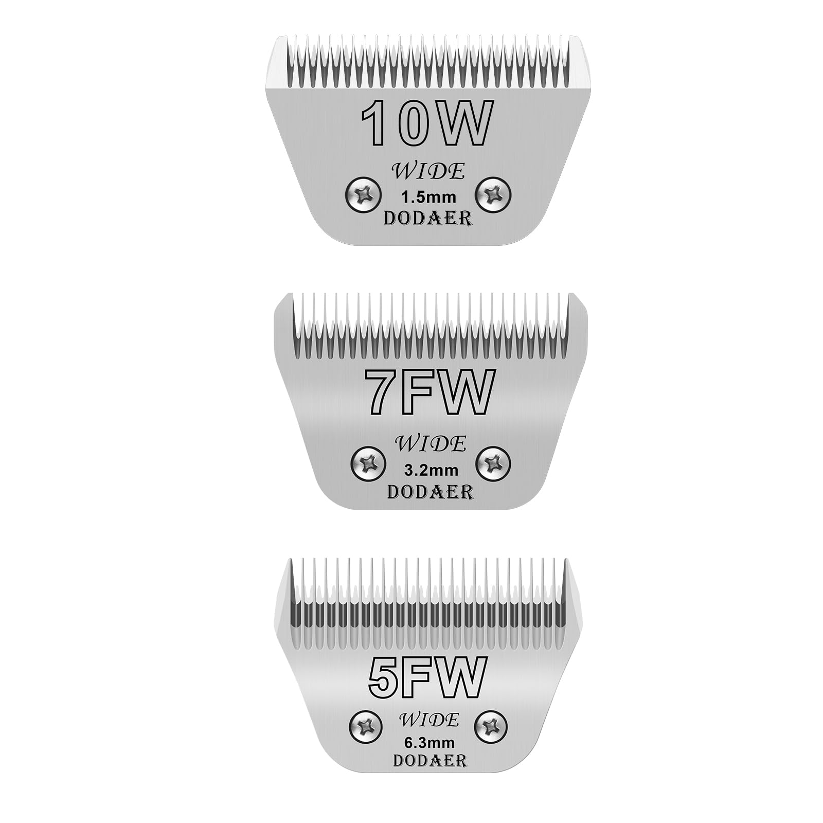 Dodaer 10W+7Fw+5Fw Wide Blades For Dog Grooming,Compatible With Andis,Oster A5,Wahl Km10 Clippers,Cutting Length 1/16'' To 1/4''